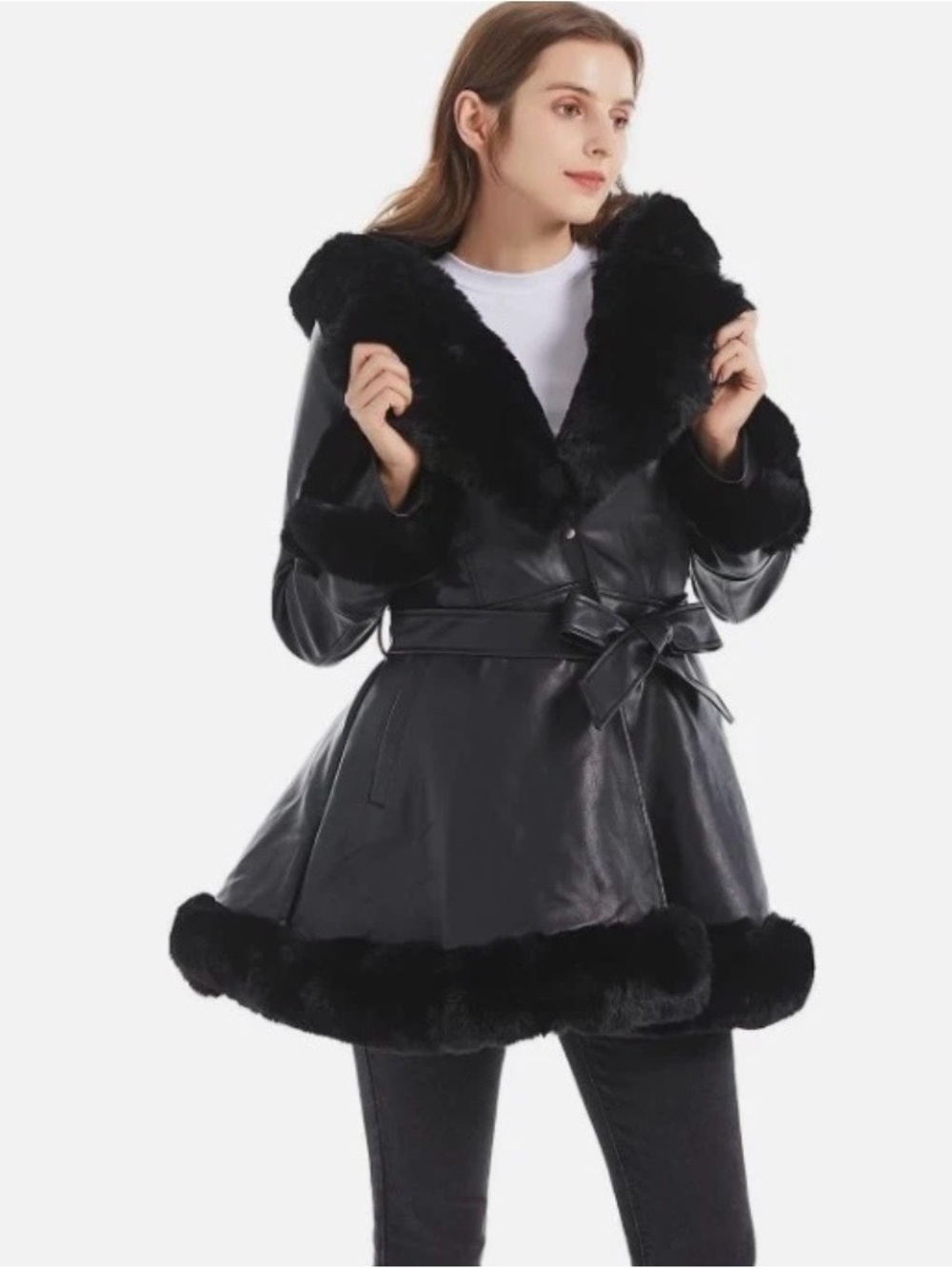 Gran Oriente Women’s Black Faux Leather Fur Trim Belted Coat size Medium